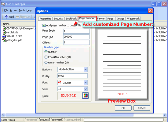 a-pdf merger set page number